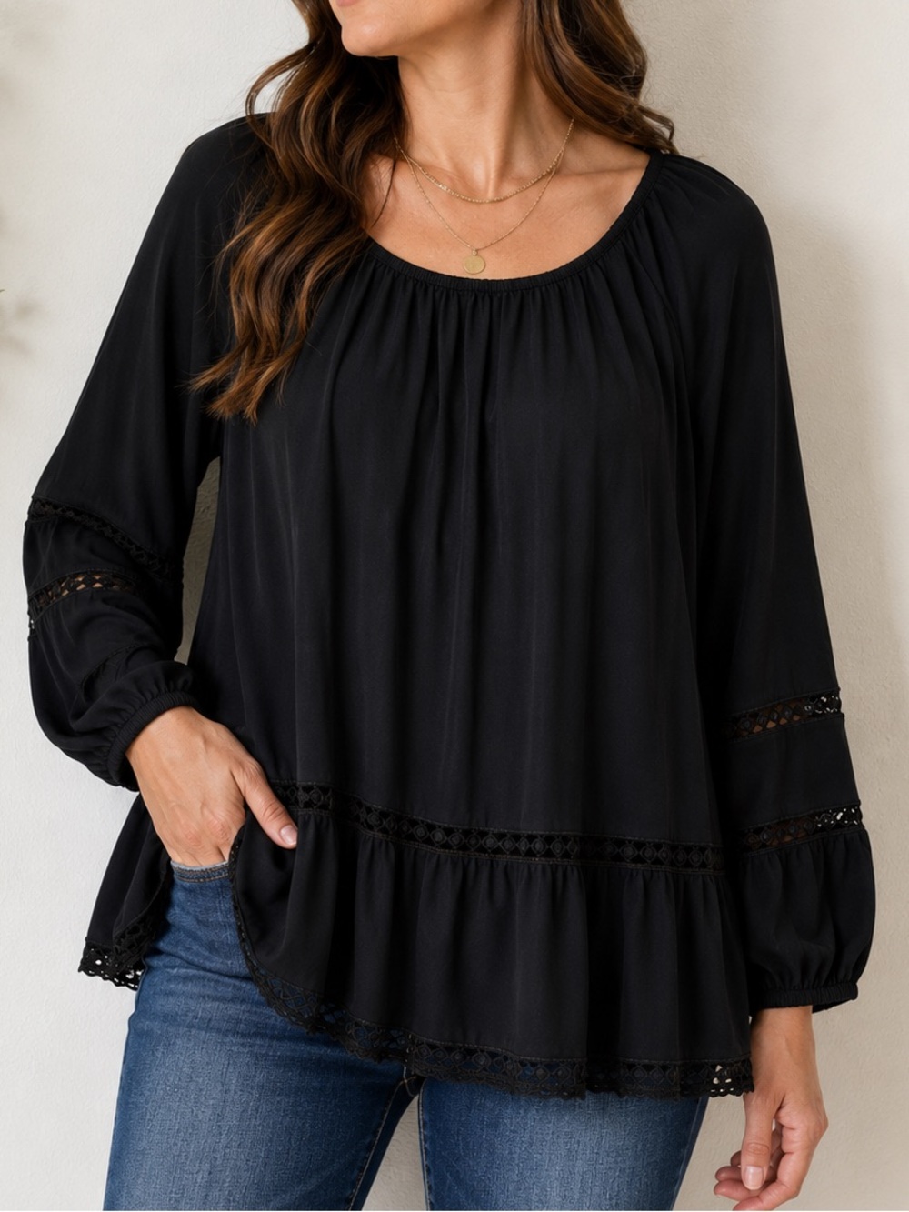 Cupio Relaxed Crochet Detail Long Sleeve Stretch Blouse Top Black XL